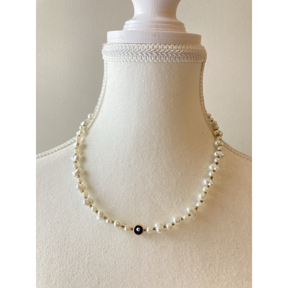 Faux Pearl Evil Eye Collar Necklace Blue Gold Tone Spacers‎ Beaded Romantic